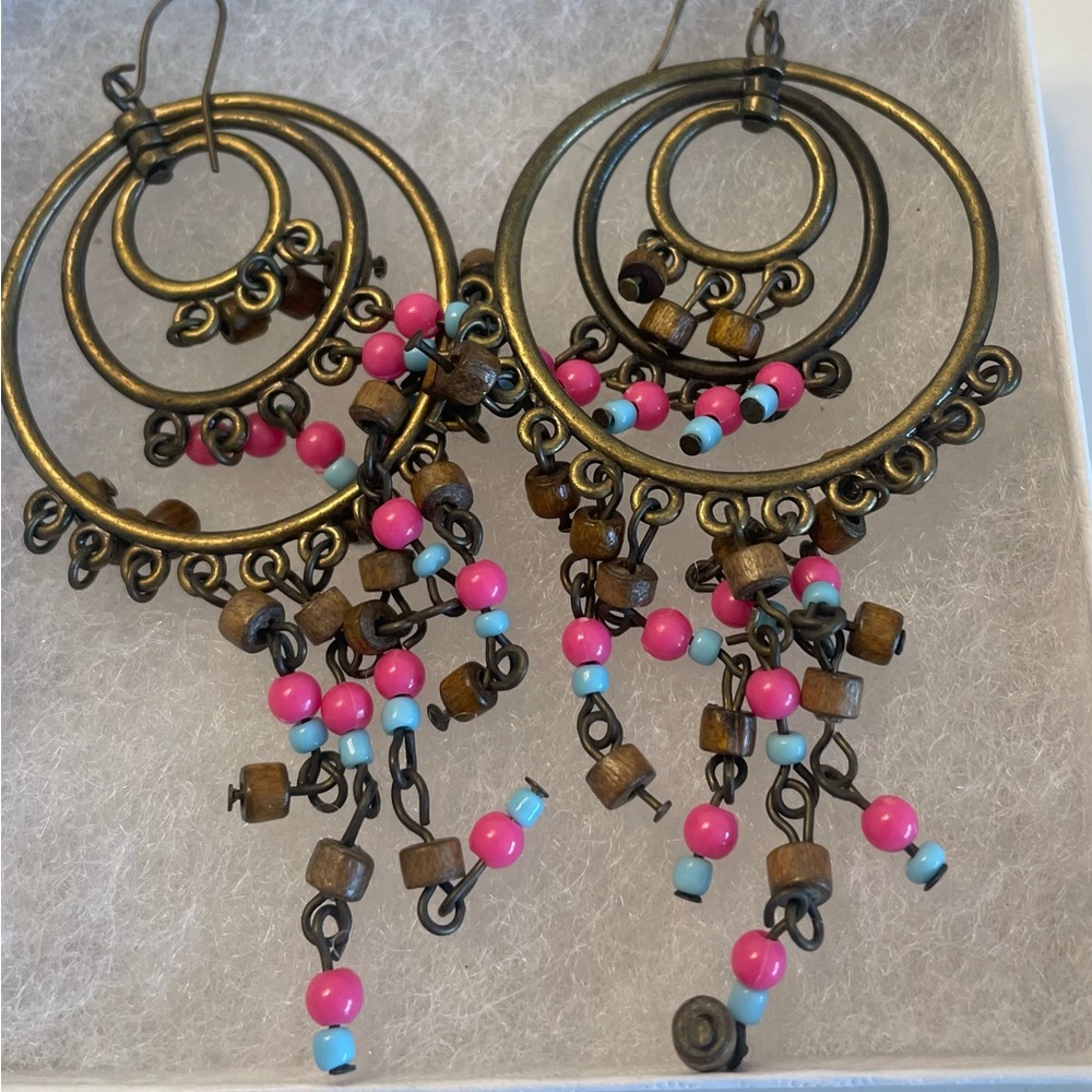 Tribal/Boho Style Hanging Earrings Brass Turquoise & Coral Beads Vintage 1990’s